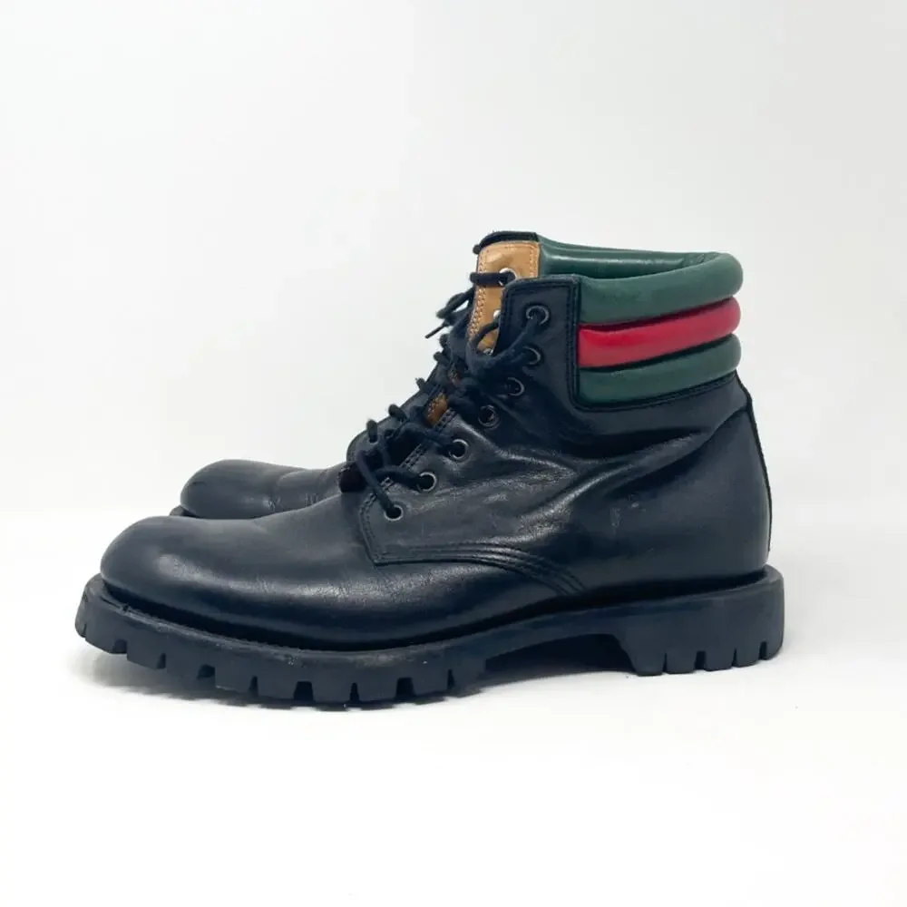 GUCCI Marland Black Leather Web Stripe Hiking Boot UK 7.5
